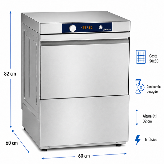Lavavajillas Edenox AFG-720 S1 · Cesta 500 × 500 mm · Altura útil 32 cm · Trifásico 400 V · Sin bomba de desagüe