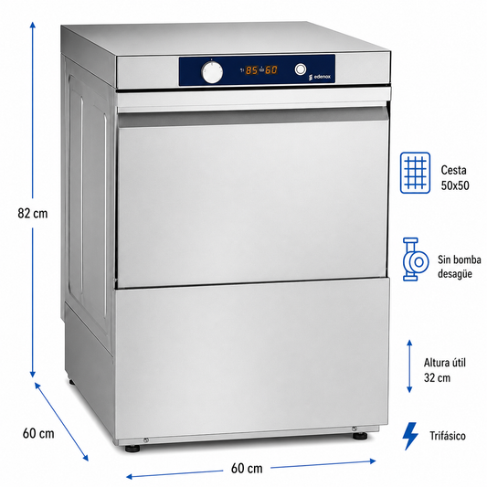 Lavavajillas Edenox AFG-720 B S1 · Cesta 500 × 500 mm · Altura útil 32 cm · Trifásico 400 V · Con bomba de desagüe