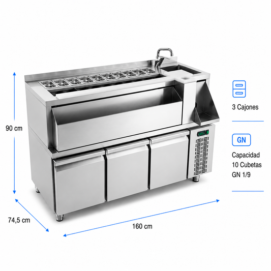 Mesa Coctelera Refrigerada 1600 (Fregadero Derecha)