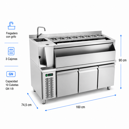 Mesa Coctelera Refrigerada 1600 (Fregadero Izquierda)