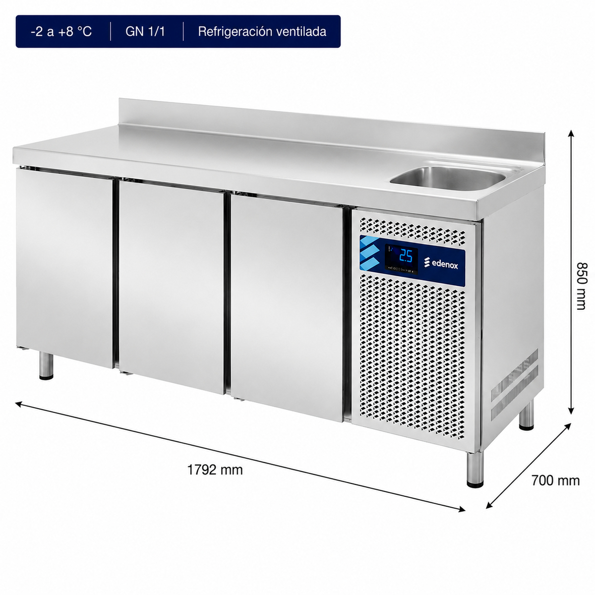 Mesa Refrigerada con Fregadero Fondo 700 (MPGF-180 HC)