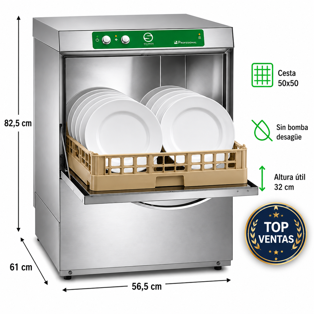 Lavavajillas Silanos E-50 · Cesta 500 × 500 mm · Altura útil puerta 32 cm · Sin bomba de desagüe