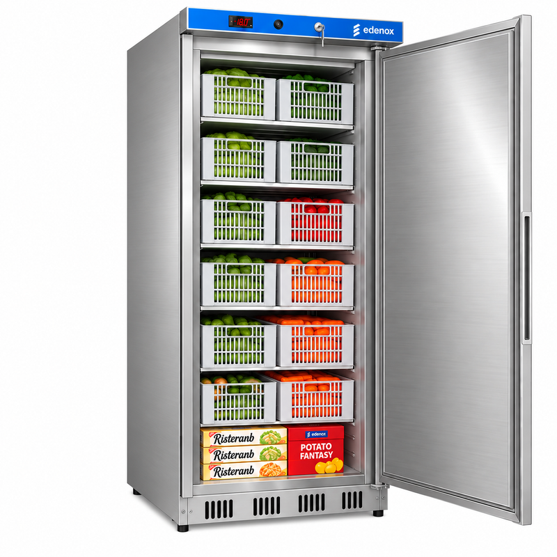 Armario Congelador Epoxi (ANS-651 Inox ) Con cestas sobre fondo blanco