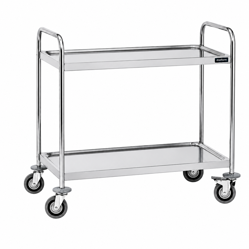 Carro de Servicio Inox 2 Estantes Desmontado 109.5x69.5x95 sobre fondo blanco