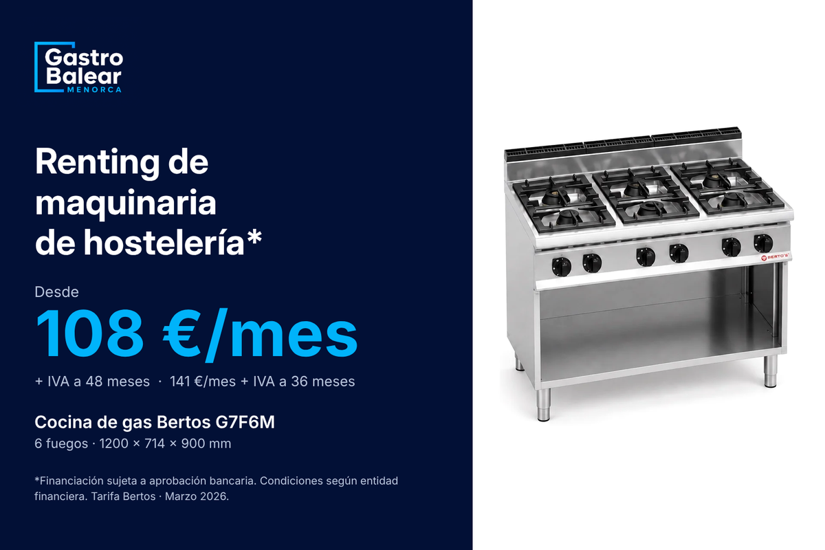 Renting de maquinaria de hostelería. Cocina Bertos G7F6M desde 108 €/mes más IVA a 48 meses o 141 €/mes más IVA a 36 meses. Sujeto a aprobación bancaria.
