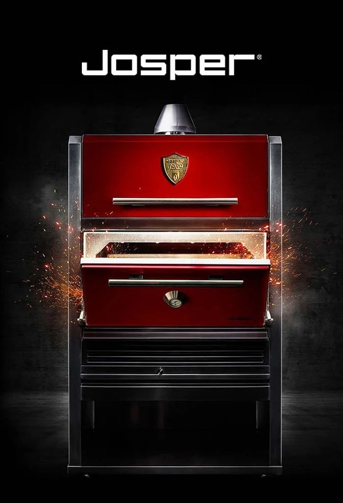 Horno de brasa Josper rojo sobre fondo negro