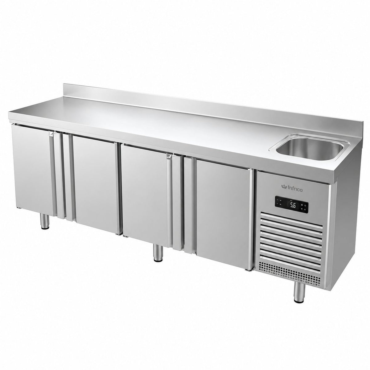 Mesa refrigerada con fregadero Infrico BMPPF 2500 II sobre fondo blanco