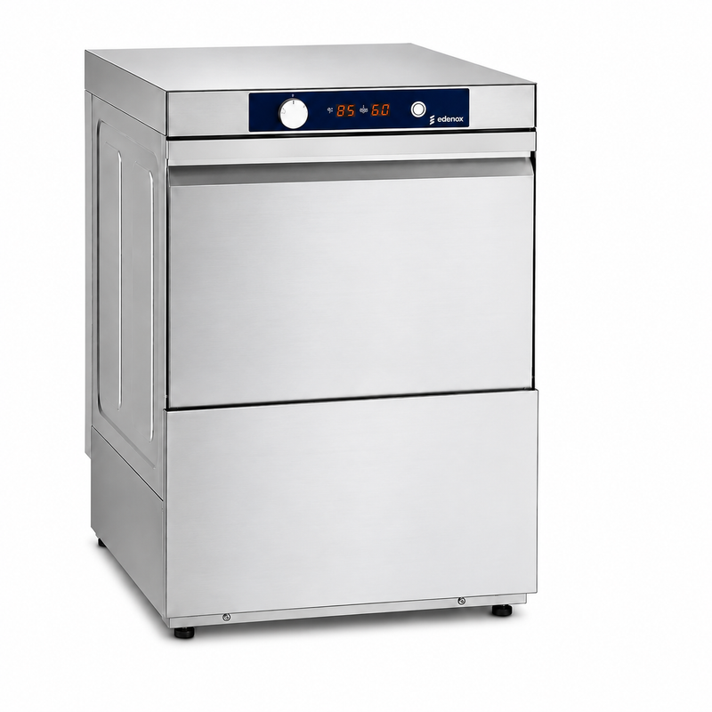 Lavavajillas Edenox AFG-540 B S1 · Cesta 500 × 500 mm · Altura útil 32 cm · Electromecánico · 230 V · Con bomba de desagüe sobre fondo blanco