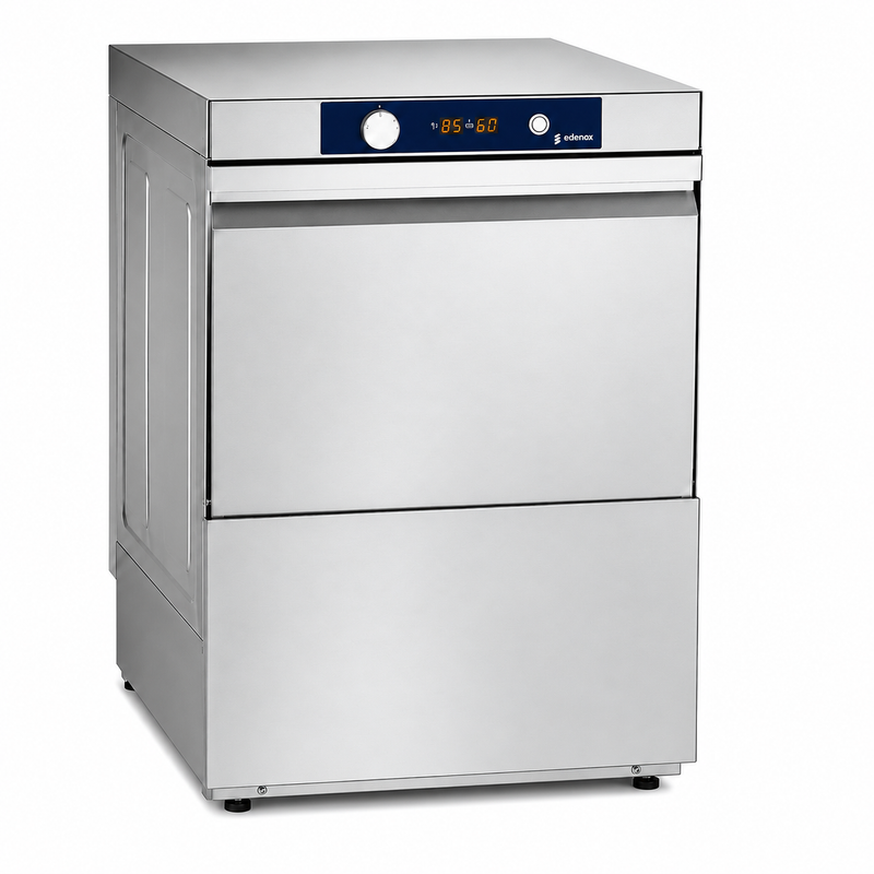 Lavavajillas Edenox AFG-720 B S1 · Cesta 500 × 500 mm · Altura útil 32 cm · Trifásico 400 V · Con bomba de desagüe sobre fondo blanco