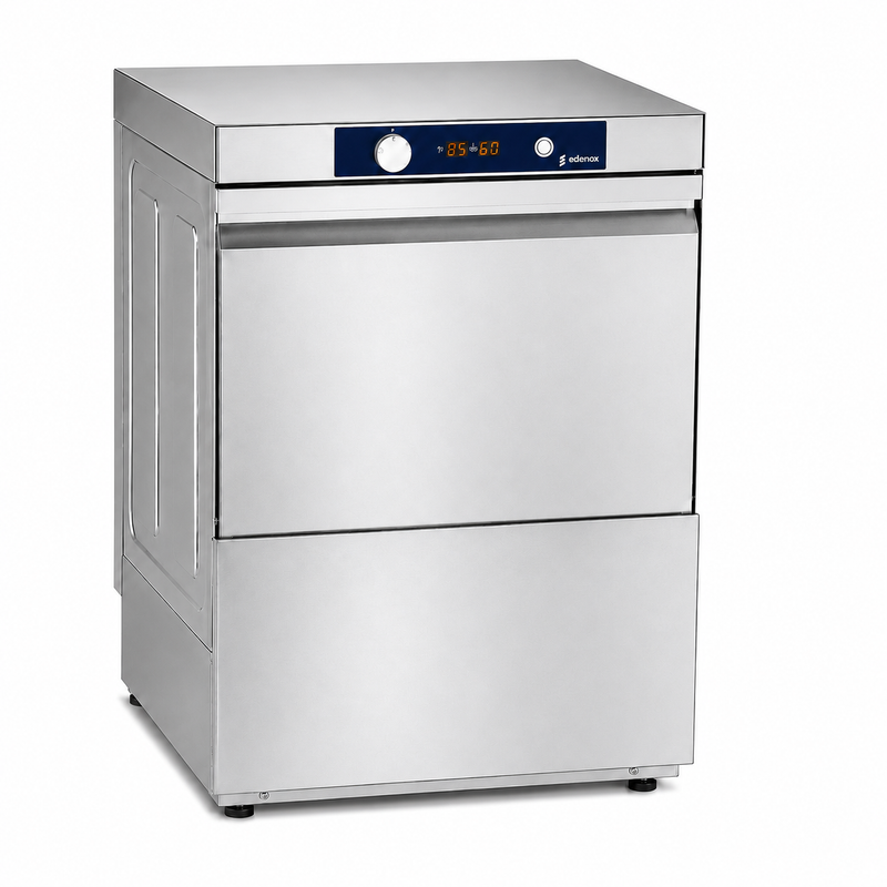 Lavavajillas Edenox AFG-720 S1 · Cesta 500 × 500 mm · Altura útil 32 cm · Trifásico 400 V · Sin bomba de desagüe sobre fondo blanco