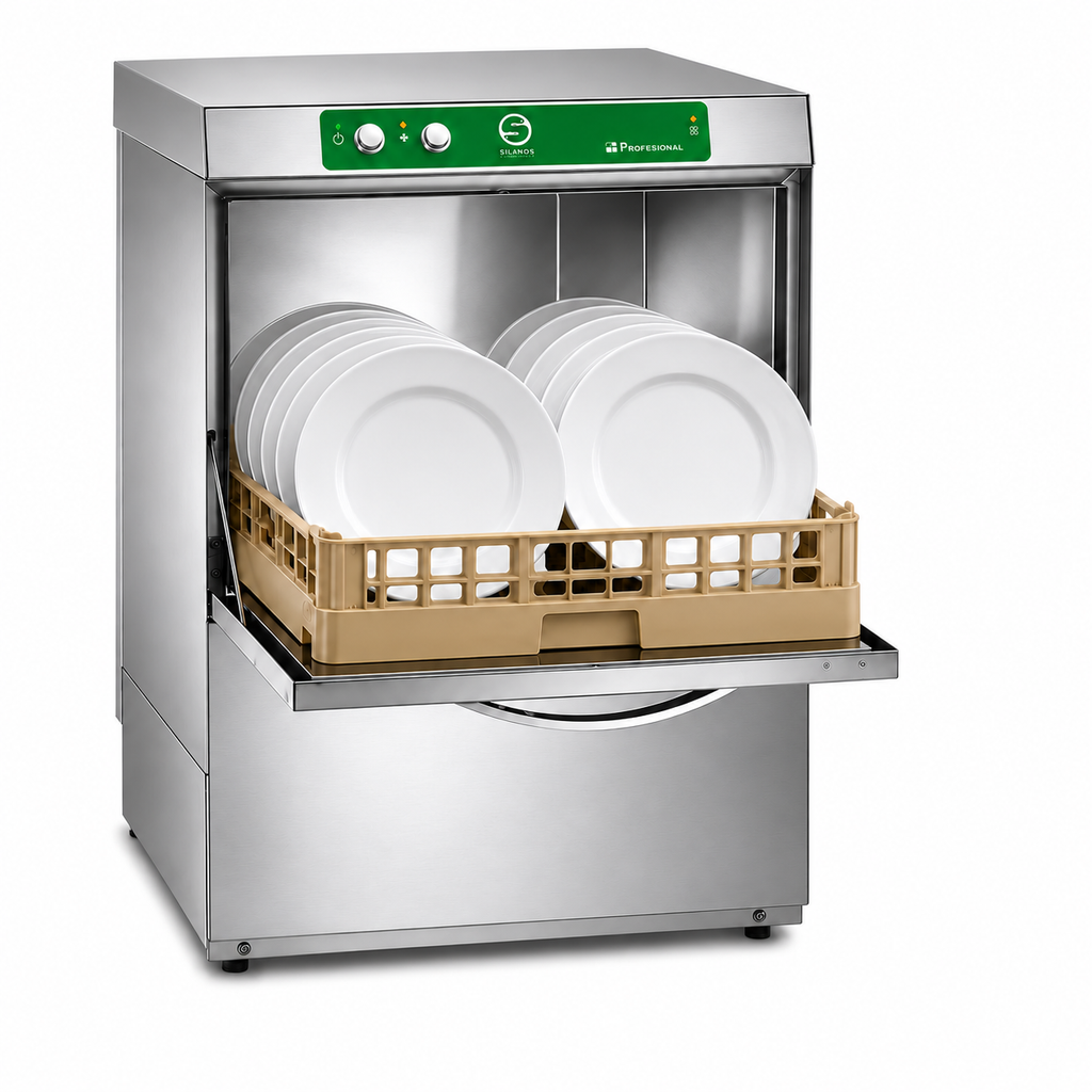 Lavavajillas Silanos E-50 · Cesta 500 × 500 mm · Altura útil puerta 32 cm · Sin bomba de desagüe sobre fondo blanco