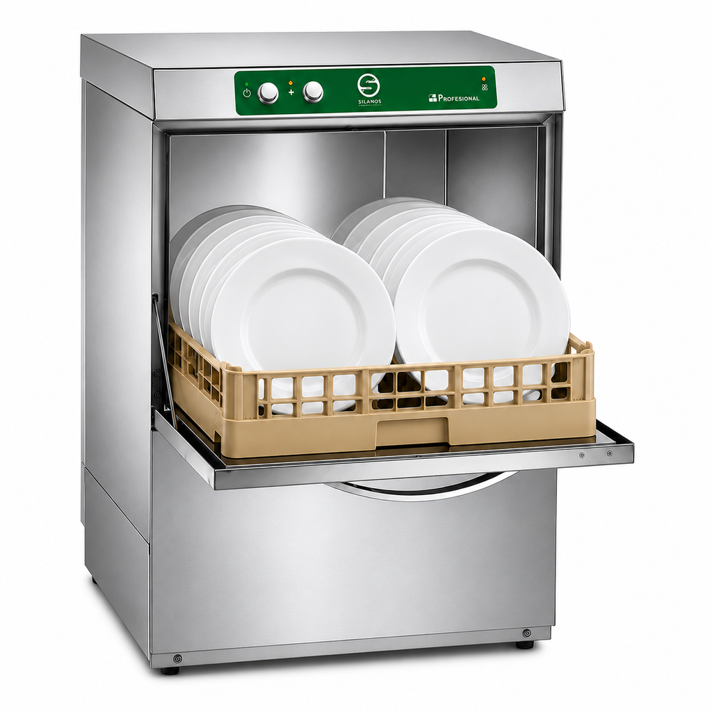 Lavavajillas Silanos E-50B · Cesta 500 × 500 mm · Altura útil puerta 32 cm · Con bomba de desagüe sobre fondo blanco