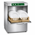 Lavavajillas Silanos E-50B · Cesta 500 × 500 mm · Altura útil puerta 32 cm · Con bomba de desagüe sobre fondo blanco