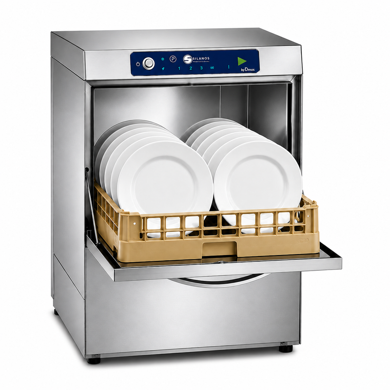 Lavavajillas Silanos N700B · Cesta 500 × 500 mm · Altura útil 32 cm · Trifásico 400 V · Con bomba de desagüe sobre fondo blanco