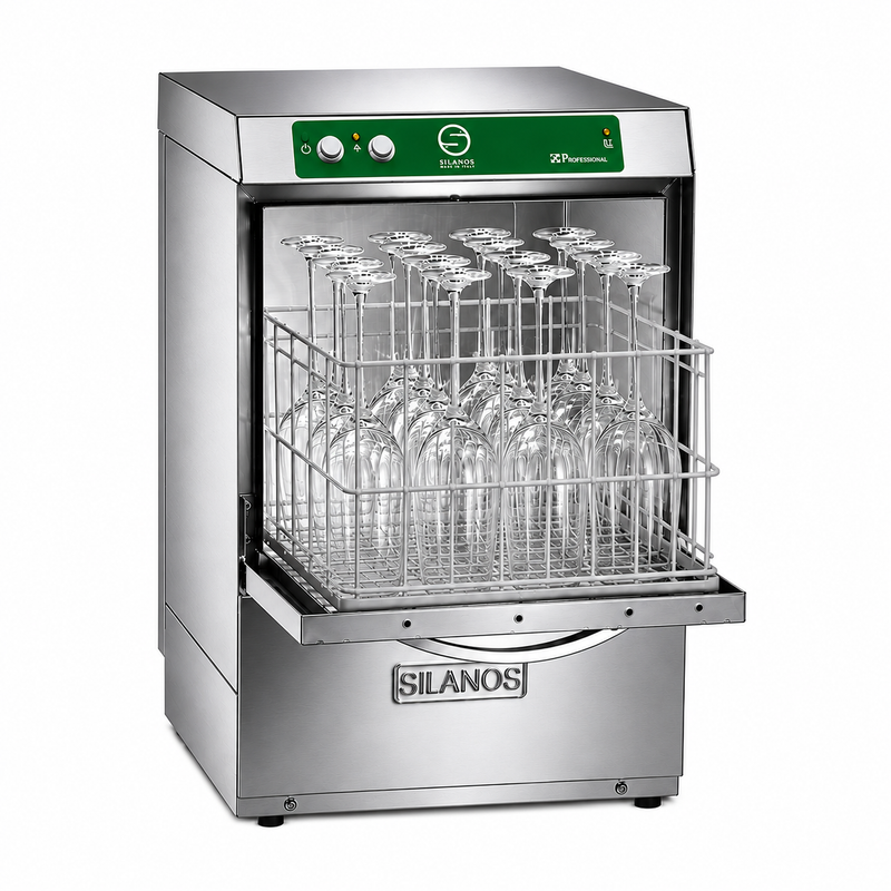Lavavasos Silanos E-40HB · Cesta 400 × 400 mm · Altura útil puerta 30 cm · Con bomba de desagüe, vista del producto sobre fondo blanco