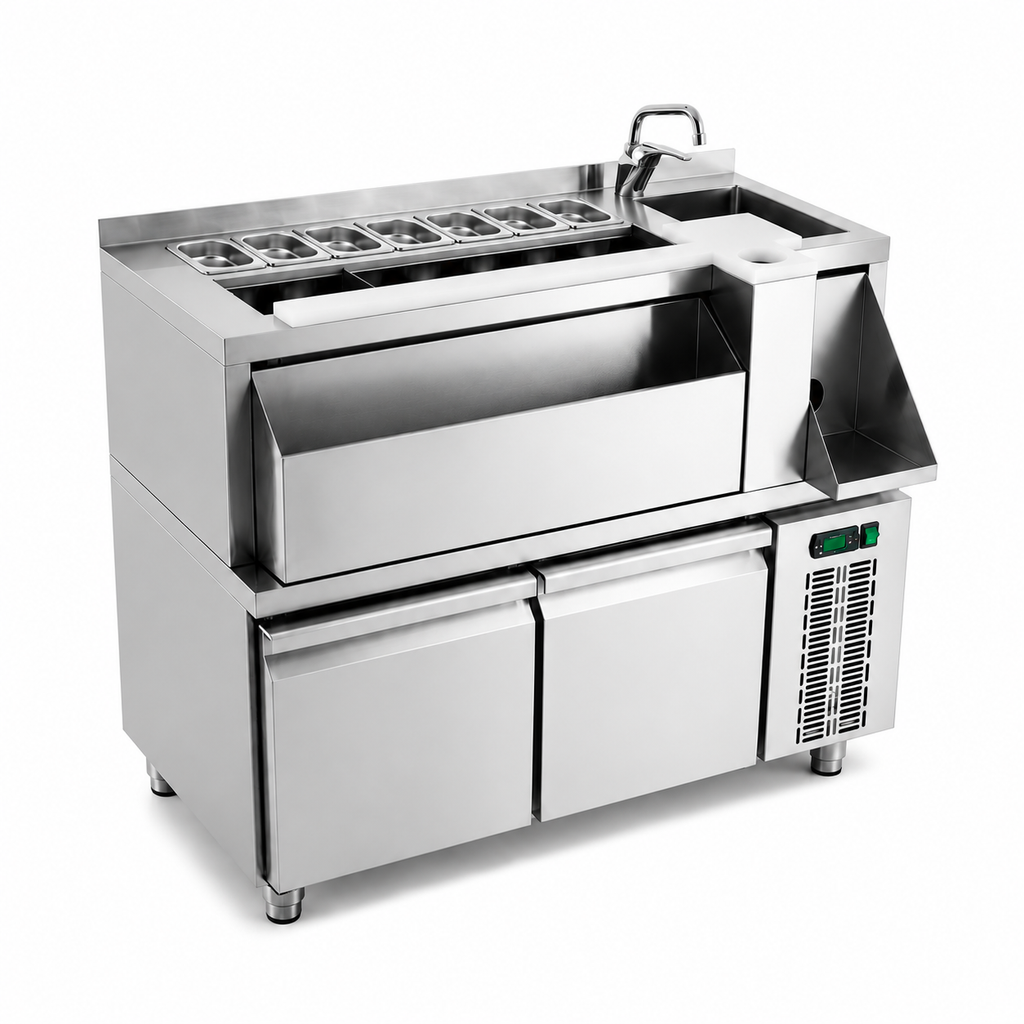 Mesa Coctelera Refrigerada 1200 (Fregadero Derecha) sobre fondo blanco