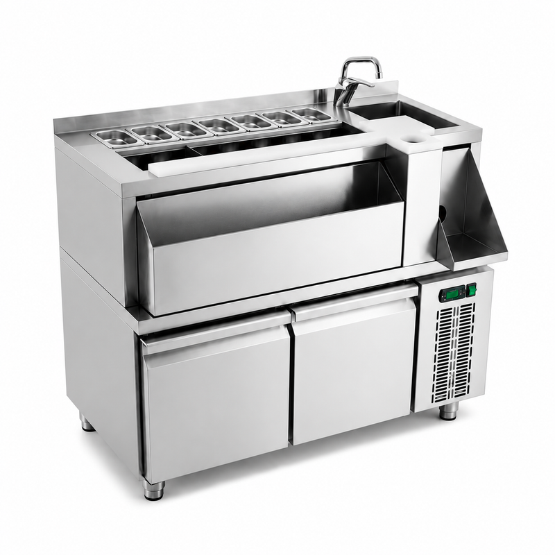 Mesa Coctelera Refrigerada 1200 (Fregadero Derecha) sobre fondo blanco