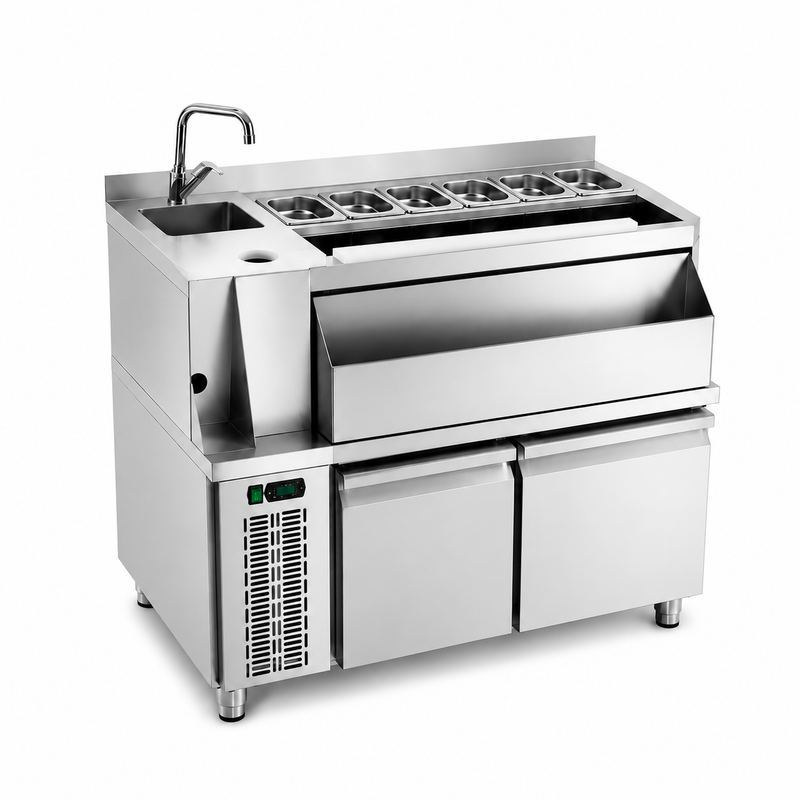 Mesa Coctelera Refrigerada 1200 (Fregadero Izquierda) sobre fondo blanco