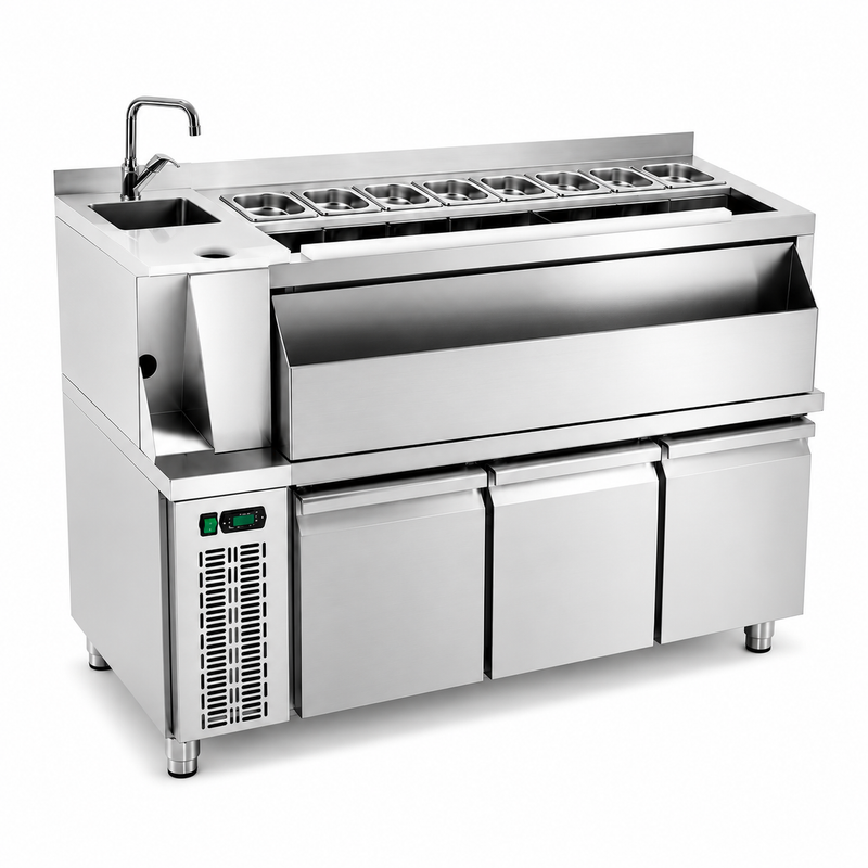 Mesa Coctelera Refrigerada 1600 (Fregadero Izquierda) sobre fondo blanco