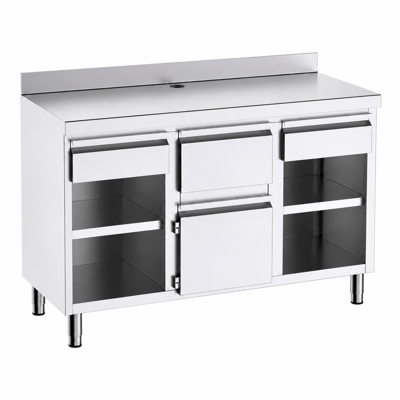 Mueble cafetero 150x60x105 con encimera sobre fondo blanco