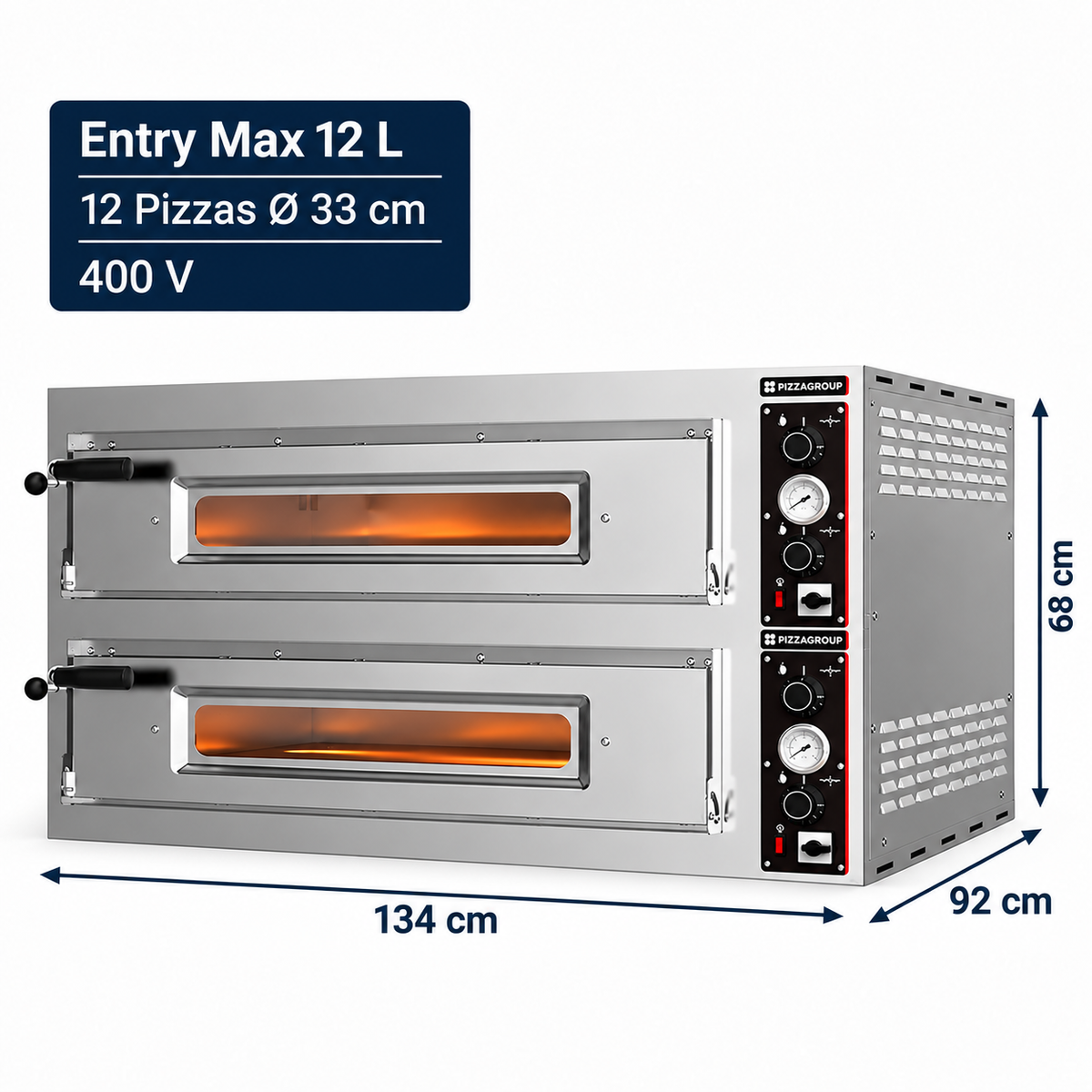 Horno de pizza Pizzagroup Entry MAX 12 L, 12 pizzas de 33 cm, 400 V, dimensiones 134 x 92 x 68 cm