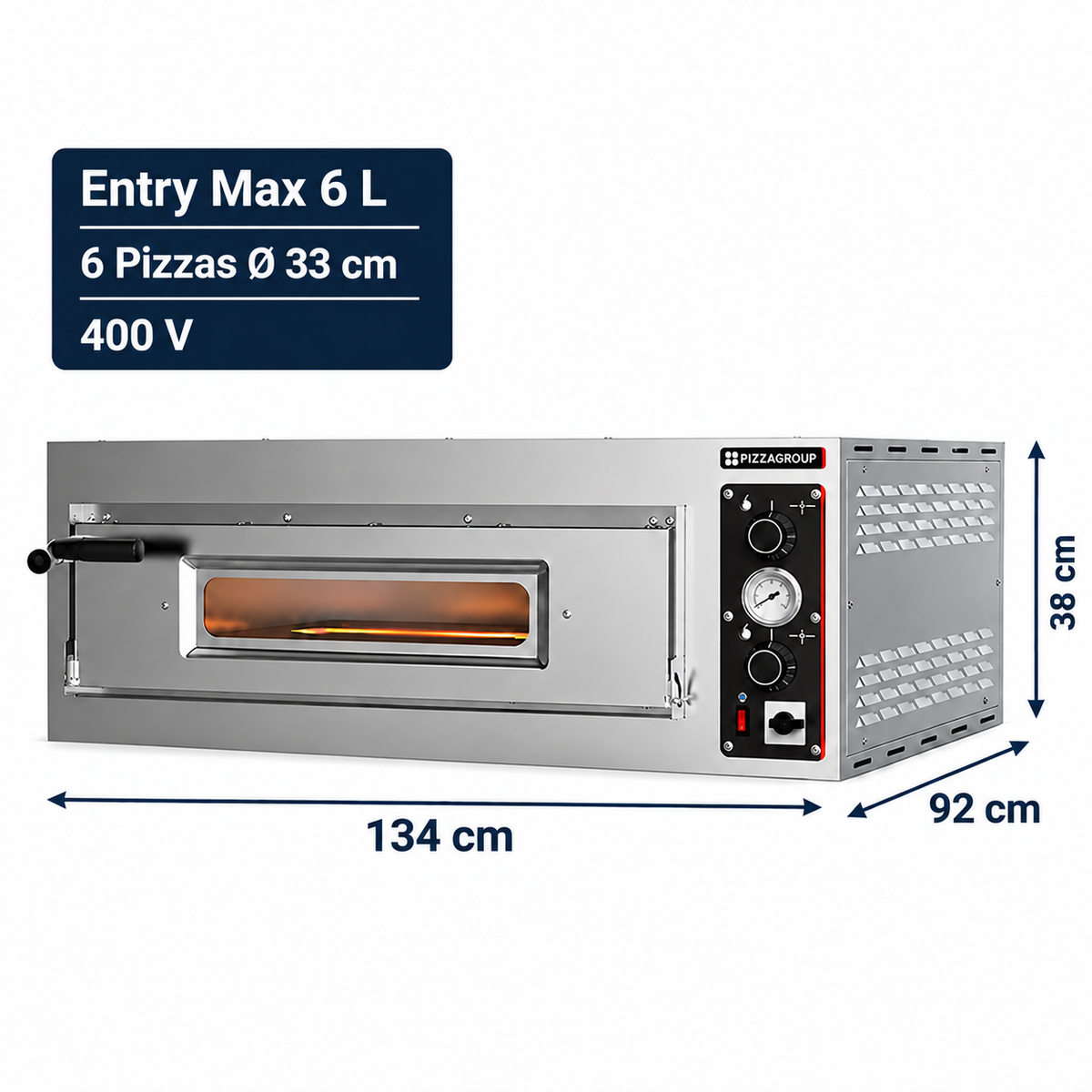 Horno de pizza Pizzagroup Entry MAX 6 L, 6 pizzas de 33 cm, 400 V, medidas exteriores 134 x 92 x 38 cm