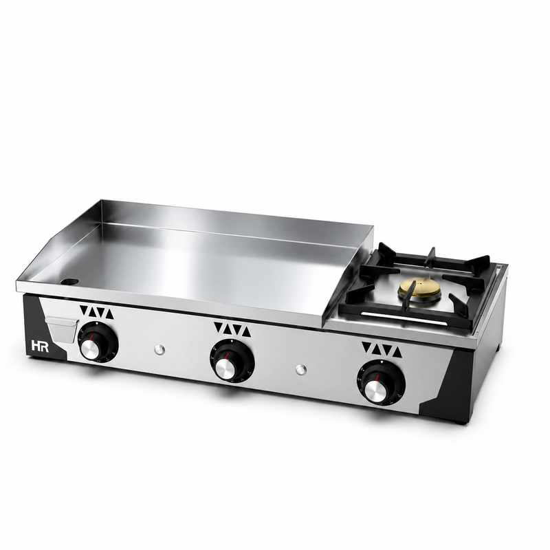 Plancha a gas HR Fainca PLC6100CRF cromo 15 mm con fogón sobre fondo blanco