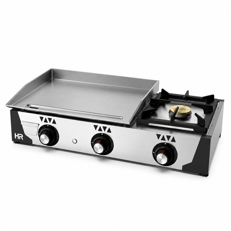 Plancha a gas HR Fainca PLC6100F de acero laminado con fogón sobre fondo blanco