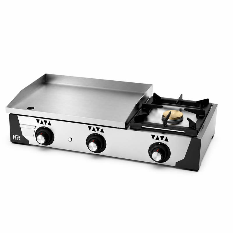 Plancha a gas HR Fainca PLC6100RTF rectificada 15 mm con fogón sobre fondo blanco