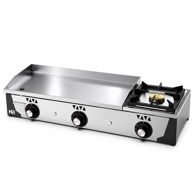 Plancha a gas HR Fainca PLC8100CRF cromo 15 mm con fogón sobre fondo blanco