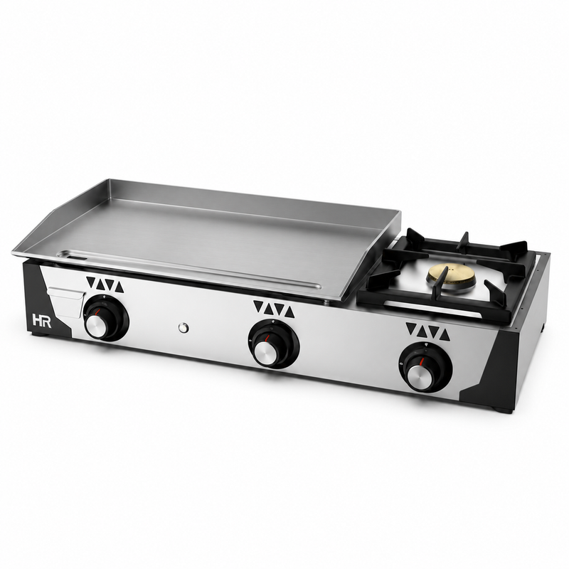 Plancha a gas HR Fainca PLC8100F de acero laminado con fogón sobre fondo blanco