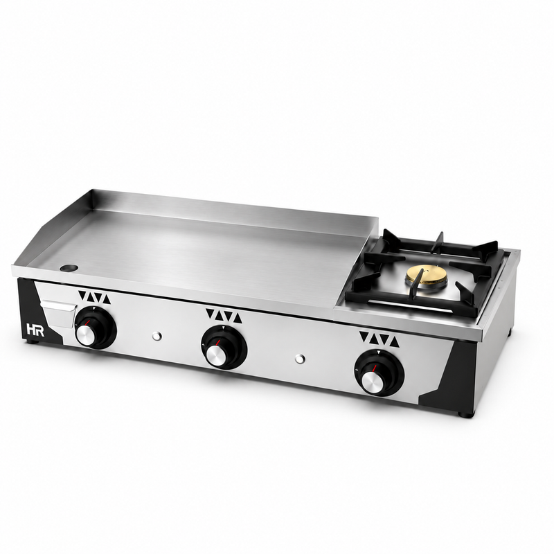 Plancha a gas HR Fainca PLC8100RTF rectificada 15 mm con fogón sobre fondo blanco