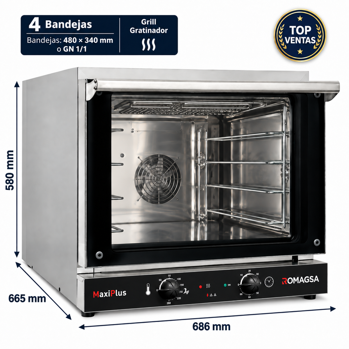 Horno de convección Romagsa MaxiPlus + Grill con medidas y sello Top Ventas