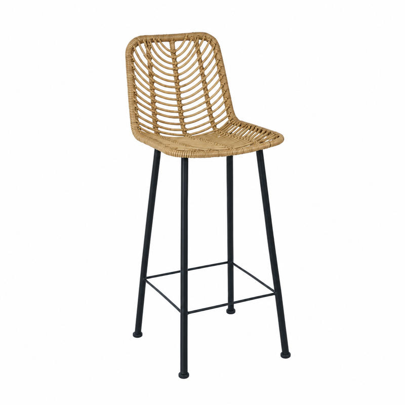Taburete Lucky de ratán natural, estructura negra, vista completa